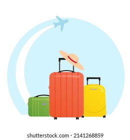 Travel advertising design with different suitcases on blue background and airplane. Travel banner template. Vector illustration