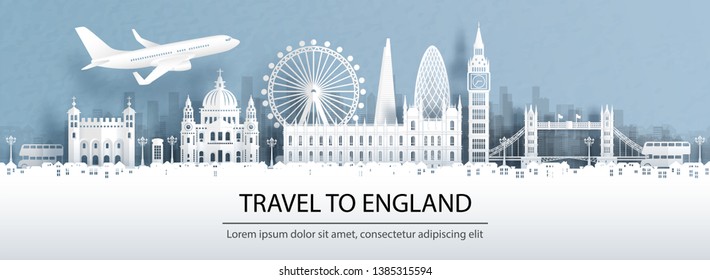 Travel advertising with travel to England concept with panorama view of London city skyline and world famous landmarks in paper cut style vector illustration.