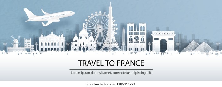 Travel advertising with travel to France concept with panorama view of Paris city skyline and world famous landmarks in paper cut style vector illustration.