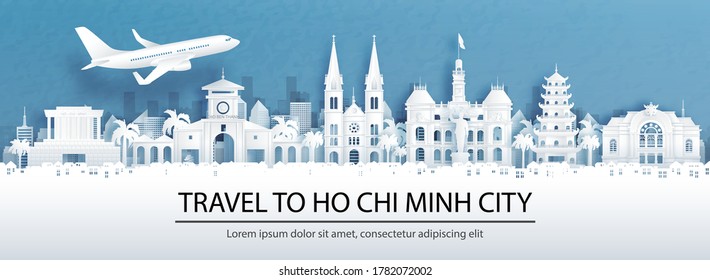 Travel advertising with travel to Ho Chi Minh City, Vietnam concept with panorama view of city skyline and world famous landmarks in paper cut style vector illustration.