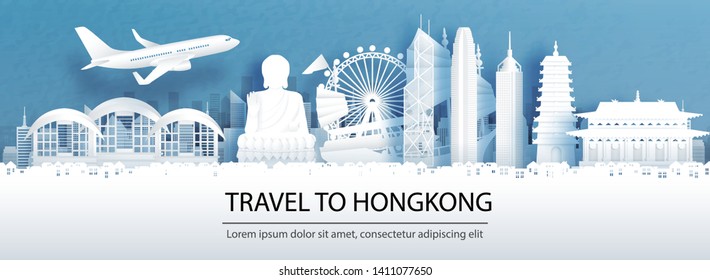 Publicidad de viajes con el concepto de viajes a Hong Kong con vista panorámica de la ciudad horizonte y los hitos mundialmente famosos en la ilustración vectorial de estilo corte de papel.