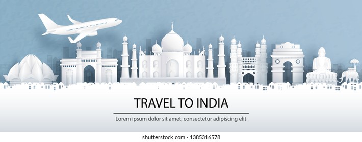 Travel advertising with travel to India concept with panorama view of Agra city skyline and world famous landmarks in paper cut style vector illustration.