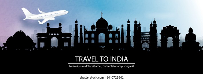 Travel advertising with travel to India concept with panorama view of city skyline and world famous landmarks in paper cut style vector illustration.