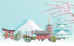 Travel Advertising With Travel To Japan Concept With Japanese Famous Landmark. Paper Cut Style Vector Illustration.