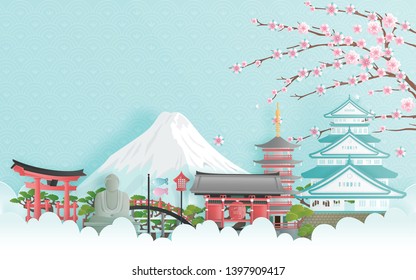 Travel advertising with travel to Japan concept with Japanese famous landmark. Paper cut style vector illustration.