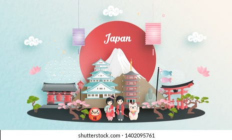 Travel advertising with travel to Japan concept with Japanese famous landmark. Paper cut style vector illustration