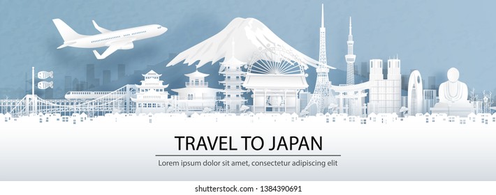 Travel advertising with travel to Japan concept with panorama view city skyline and world famous landmarks of Japan in paper cut style vector illustration.