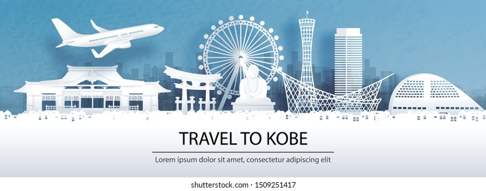 Travel advertising with travel to Kobe concept with panorama view city skyline and world famous landmarks of Japan in paper cut style vector illustration.