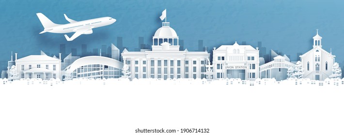Travel advertising with travel to Montgomery, Alabama, United States of America concept with panorama view of city skyline and world famous landmarks in paper cut style vector illustration.