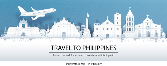 Travel advertising with travel to Philippines concept with panorama view of city skyline and world famous landmarks in paper cut style vector illustration.