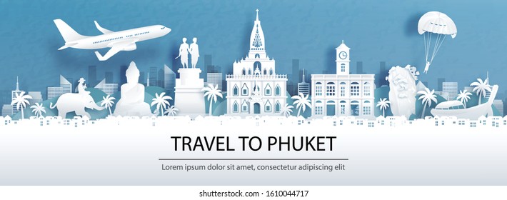 Travel advertising with travel to Phuket, Thailand concept with panorama view of city skyline and world famous landmarks in paper cut style vector illustration.