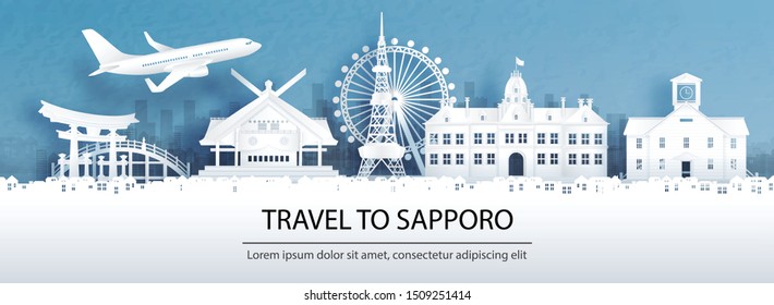 Travel advertising with travel to Sapporo concept with panorama view city skyline and world famous landmarks of Japan in paper cut style vector illustration.