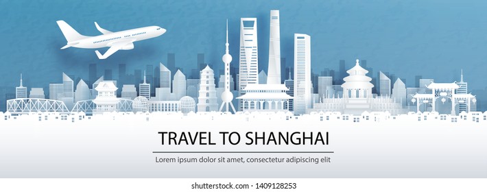 Travel advertising with travel to Shanghai concept with panorama view of Shanghai city skyline and world famous landmarks in paper cut style vector illustration.