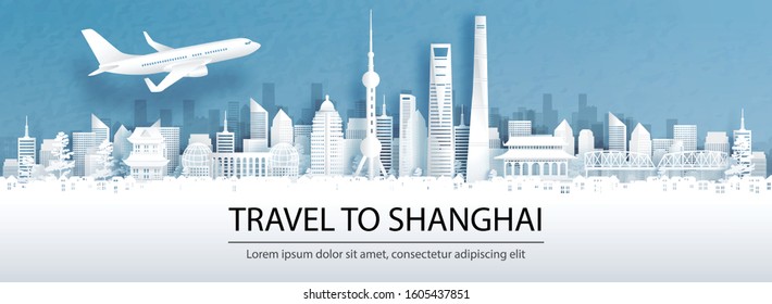 Travel advertising with travel to Shanghai concept with panorama view of city skyline and world famous landmarks in paper cut style vector illustration.