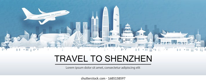 Travel advertising with travel to Shenzhen, China concept with panorama view of city skyline and world famous landmarks in paper cut style vector illustration.