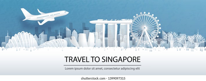 Travel advertising with travel to Singapore concept with panorama view of Singapore city skyline and world famous landmarks in paper cut style vector illustration.