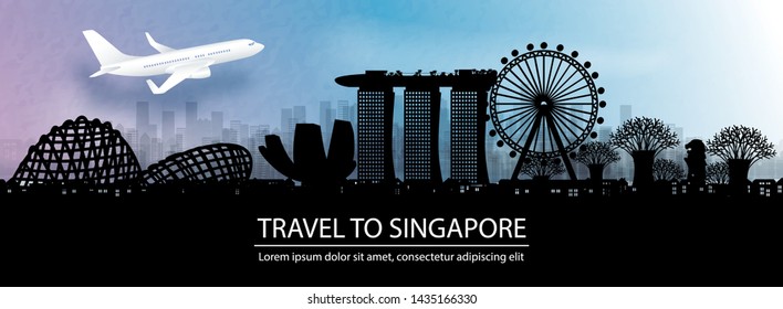 Travel advertising with travel to Singapore concept with panorama view of city skyline and world famous landmarks of Japan in paper cut style vector illustration.