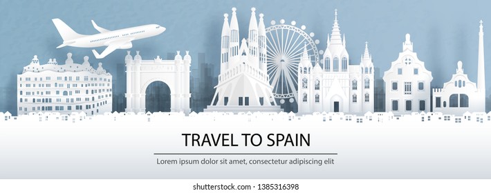 Travel advertising with travel to Spain concept with panorama view of Barcelona city skyline and world famous landmarks in paper cut style vector illustration.