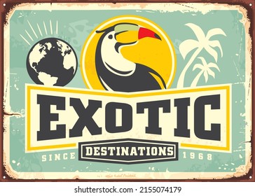 Travel advertising vintage tin sign or poster with exotic bird and palm trees. Vector poster design for exotic tropical destinations. Toucan illustration.