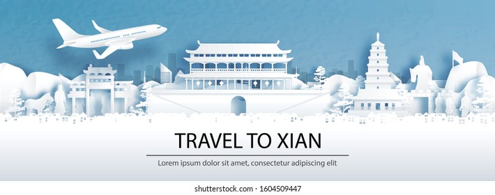 Travel advertising with travel to Xian concept with panorama view of city skyline and world famous landmarks in paper cut style vector illustration.