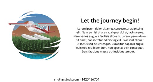 Travel advertisment web banner. Mountains aerial view vector illustration. Mountain landscape with small plane. Air tour adventures banner