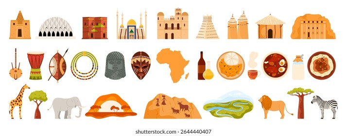 Viagem à África, elementos de design de cultura africana, cozinha e marcos, conjunto de natureza. Colar maasai e djembe, mesquita e cabanas, escudo e lança, Benin Bronze cabeça desenho animado vetor ilustração