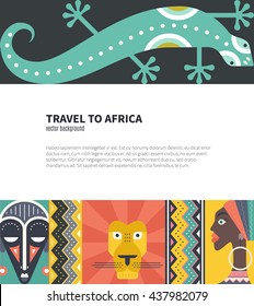 Travel to Africa concept with african symbols drawn in modern flat style vector. Lion, african women, mask with place for your text.