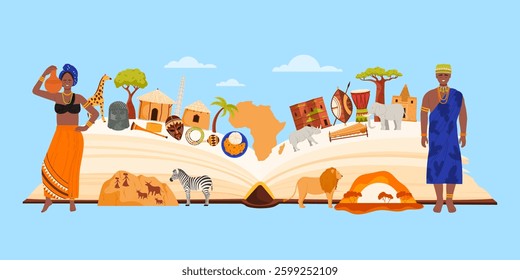 Travel to Africa infographic collage with open giant book and nature, culture elements and food. African man and woman in tribal costumes and turban, traditional houses cartoon vector illustration