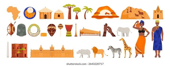 Travel to Africa infographic set with African man and woman in traditional tribal costumes, culture elements, cuisine. Obelisk of Axum, Mosque of Djenne, Lalibela Church cartoon vector illustration