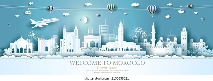 Travel Africa landmarks of Morocco with airplane and balloons,Tour Morocco in marrakech, koutoubia with panorama cityscape popular capital in paper cut style for advertising,Vector illustration.