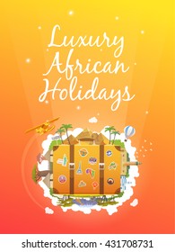 Travel to Africa. Road trip. Tourism. Old suitcase with landmarks. Vertical web banner. Modern flat design.