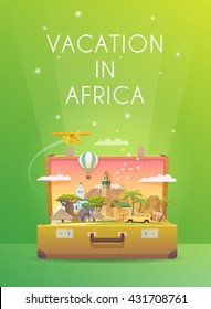 Travel to Africa. Road trip. Tourism. Old suitcase with landmarks. Vertical web banner. Modern flat design.