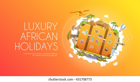 Travel to Africa. Road trip. Tourism. Old suitcase with landmarks. Advertising web banner. Modern flat design.