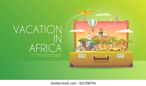 Travel to Africa. Road trip. Tourism. Old suitcase with landmarks. Advertising web banner. Modern flat design.