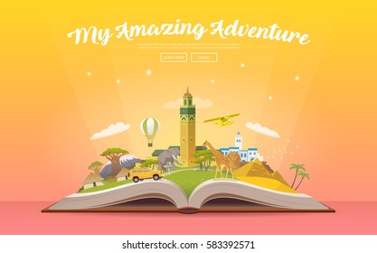 Travel to Africa. Road trip. Tourism. Open book with landmarks. Africa Travel Guide. Advertising web illustration. Summer vacation. Travelling banner. Modern flat design. EPS 10. #1