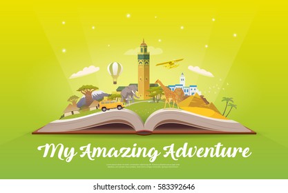 Travel to Africa. Road trip. Tourism. Open book with landmarks. Africa Travel Guide. Advertising web illustration. Summer vacation. Travelling banner. Modern flat design. EPS 10. #4