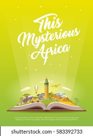 Travel to Africa. Road trip. Tourism. Open book with landmarks. Africa Travel Guide. Advertising web illustration. Summer vacation. Travelling vertical banner. Modern flat design. EPS 10. #3