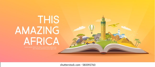 Travel to Africa. Road trip. Tourism. Open book with landmarks. Africa Travel Guide. Advertising web illustration. Summer vacation. Travelling banner. Modern flat design. EPS 10. #6