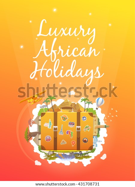 Travel to\
Africa. Road trip. Tourism. Old suitcase with landmarks. Vertical\
web banner. Modern flat\
design.