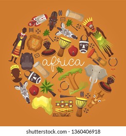 Travel Africa round pattern vector illustration. Wild animals auch as animals such as elephant, giraffe. Palms, ethnical colorful shamanic masks, music drums, accessories.