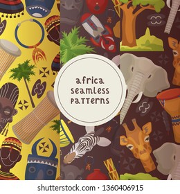 Travel Africa set of seamless patterns vector illustration. Wild animals  such as elephant, giraffe. Palms, ethnical colorful shamanic masks, music drums, accessories.