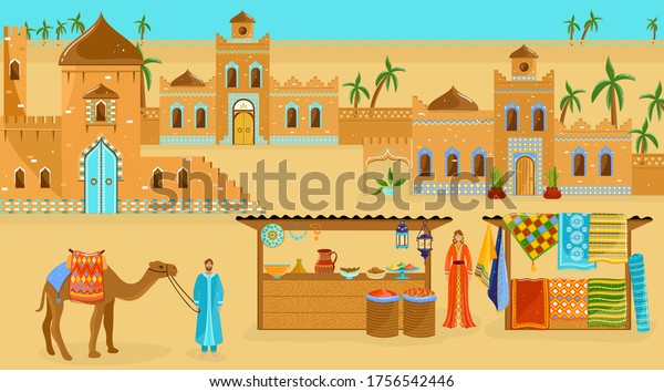 アフリカのベクターイラスト アフリカの砂漠の風景に古い家やお城のお寺 モロッコの市場店が並ぶ漫画 ベドウィン人の背景にモロッコの村 のベクター画像素材 ロイヤリティフリー