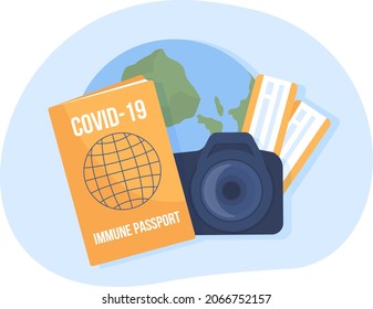 Travel after covid 2D vector isolated illustration. Health restriction. Immunization for safe traveling during pandemic flat concept on cartoon background. New normal colourful scene