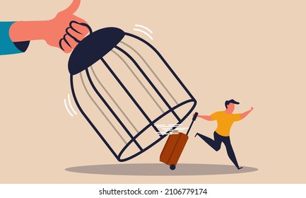 Travel After Post Pandemic Covid And Global Tourism Reopen Trip Business Vector Illustration Concept. Man On Cage Run To Departure And Adventure Holiday. Health Protection For Coronavirus Traveler