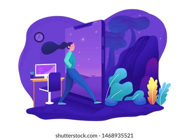 Travel After Work with app from phone as teleport portal. Character freelancer Website or Web Page. Flat Cartoon Vector Illustration