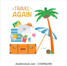 Travel again concept. Open borders, free movements, flights and country travel after coronavirus pandemic. Air traffic resumption. Suitcase and things for vacation. Flat vector illustration. 