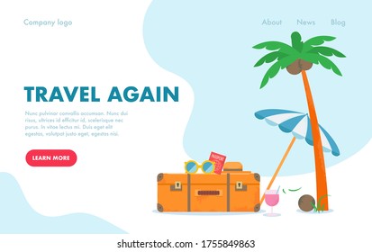 Travel again concept. Open borders, free movements, flights and country travel after coronavirus pandemic. Air traffic resumption. Suitcase, palm and things for vacation. Flat vector illustration.