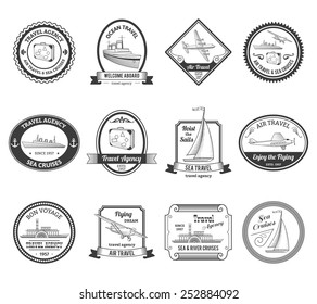 Travel agencies air and sea vacation cruises emblems labels collection with yachts black abstract isolated vector illustration