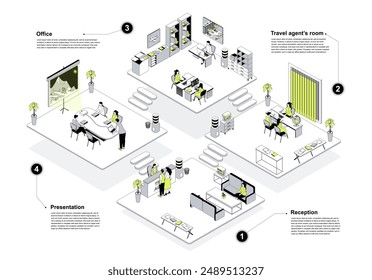 Travel agency 3d isometric concept in outline design for web. People working in isometry rooms at reception hall, travelling agents selecting resort tours for clients in office. Vector illustration.