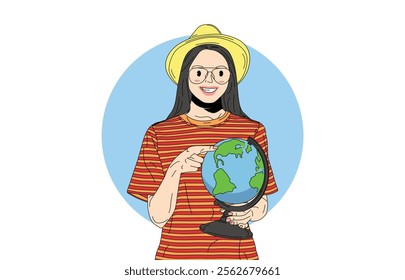 travel agency advertising illustration concept. The concept of choosing a place to visit. A young female tourist holds a globe in one hand and points with her finger to the destination.